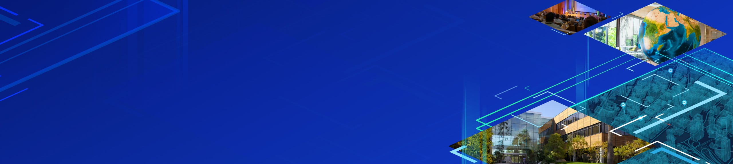 Blue banner with angular map-inspired line work framing images of Esri HQ, its auditorium, and a large globe