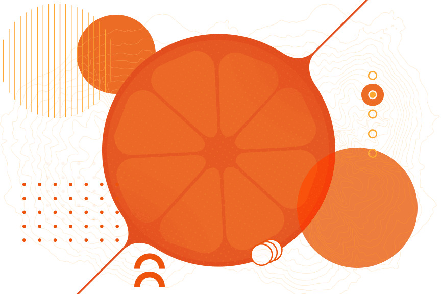An orange peel design representing the historic Redlands orange groves, circles, and semi circles
