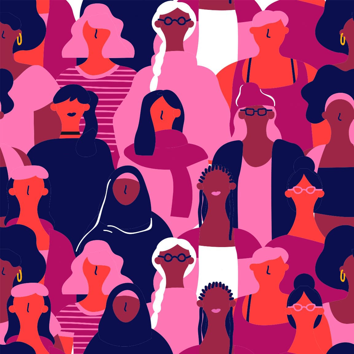 Illustration of diverse women standing together, representing inclusion across cultures, ages, and identities through bold, colorful shapes.