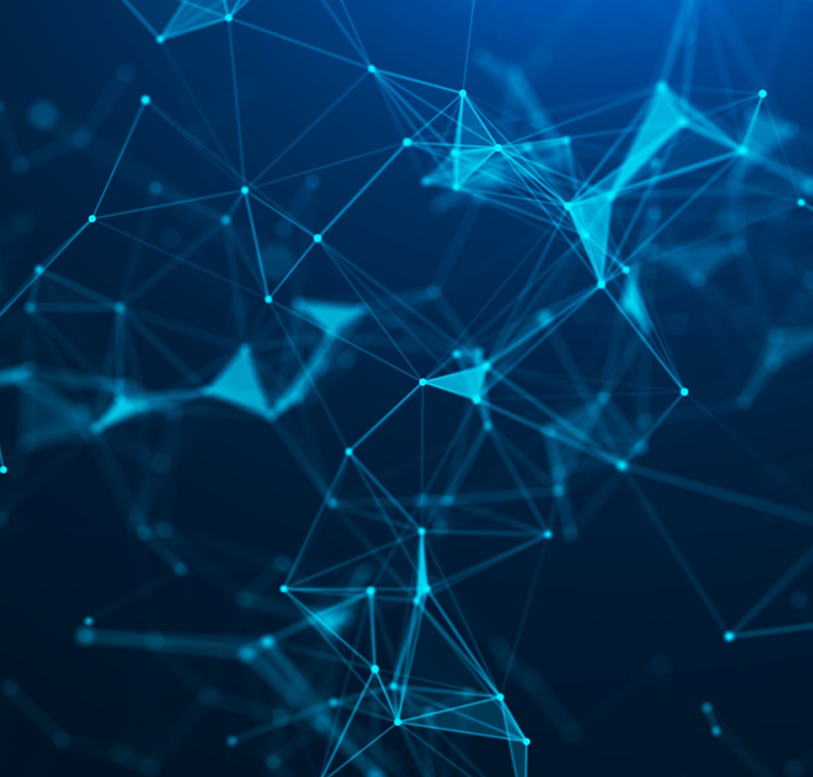 Abstract digital network with interconnected blue nodes and lines on a dark blue background