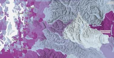 Topographic map showing mountainous terrain in shades of gray and purple