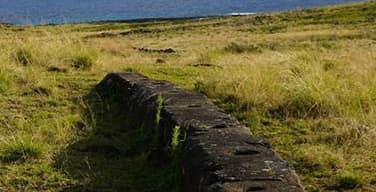 Dark ancient wall in gold grassy field with blue ocean on the horizon