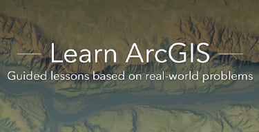Brown terrain map showing a river with the title “Learn ArcGIS”