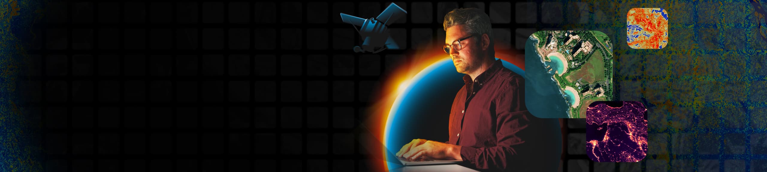 Person working on a laptop in front of a colorful glowing planet, a satellite, aerial imagery of a coastal town, and heat maps.
