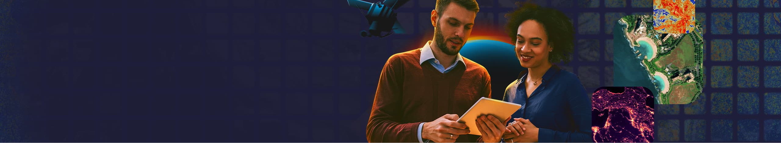 Two people examining a tablet against a background showing a satellite, glowing planet, maps, and aerial imagery