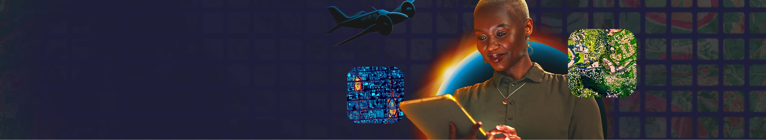 Smiling person using a tablet against a background showing a glowing planet, a plane, a map, and aerial imagery