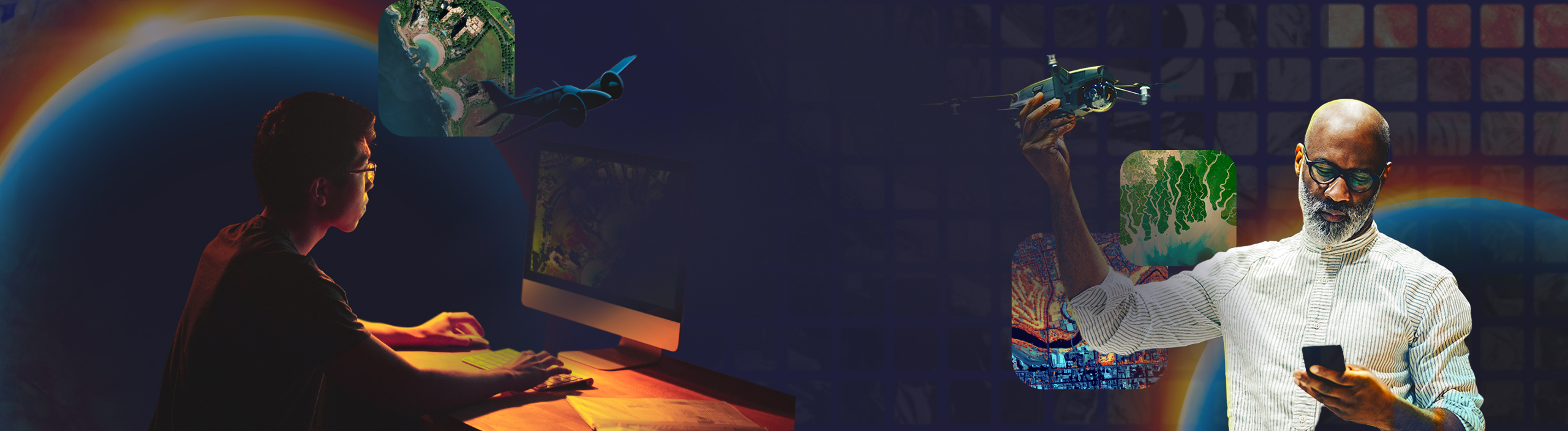 Person working at a computer displaying aerial imagery on the left and another person holding a drone on the right