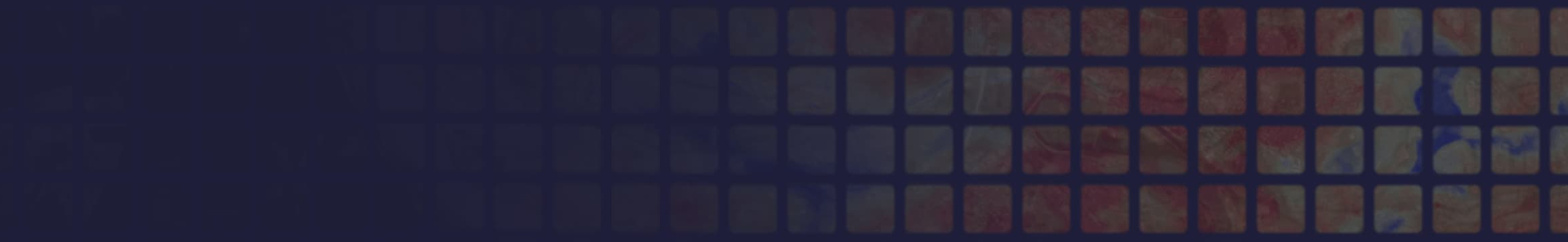 A grid of square tiles with muted red, blue, and yellow imagery appearing beneath a dark overlay