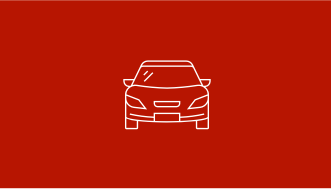A simple line icon of the front view of a passenger vehicle in white lines on a red background