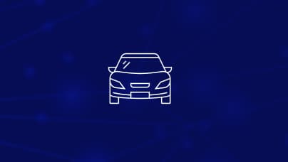 A simple line icon of the front view of a passenger vehicle in white lines on a dark blue background