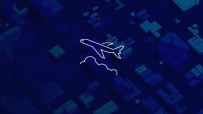 A simple line icon of the side view of an airplane over clouds in white lines on a dark blue background