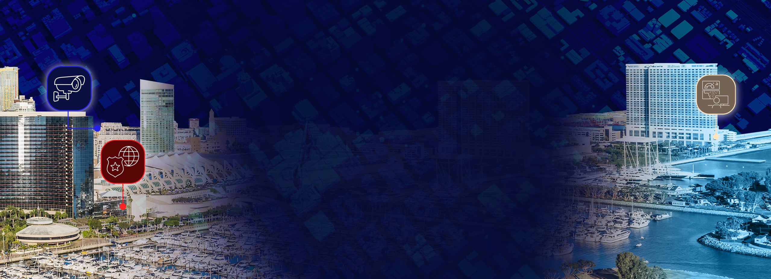 Detailed 3D city models with icons representing security, such as cameras and a shield