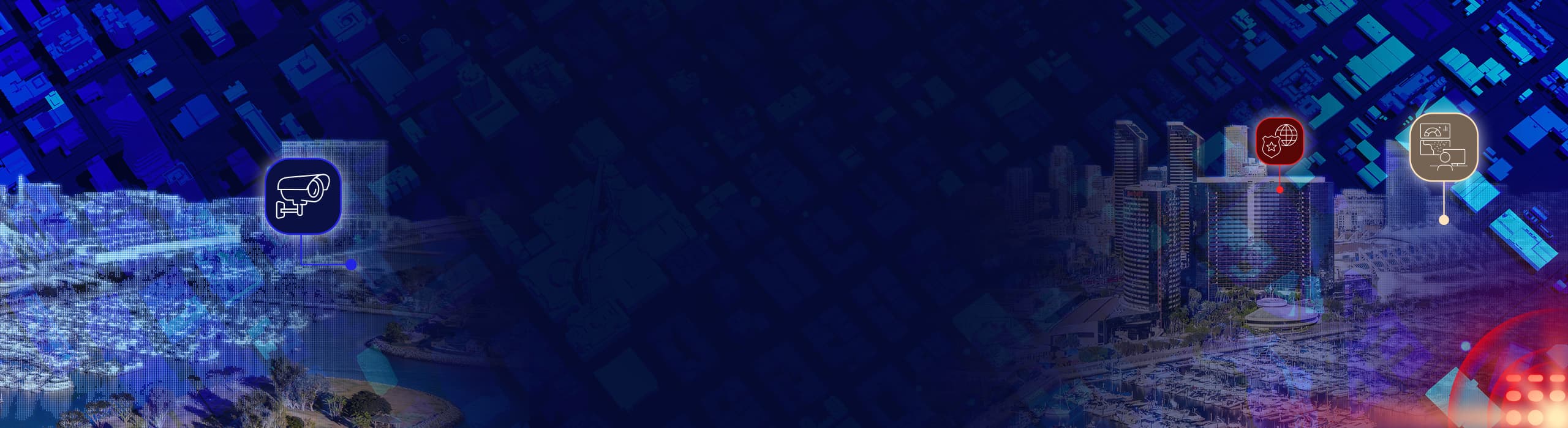 Detailed 3D city models with icons representing security, such as cameras and a shield