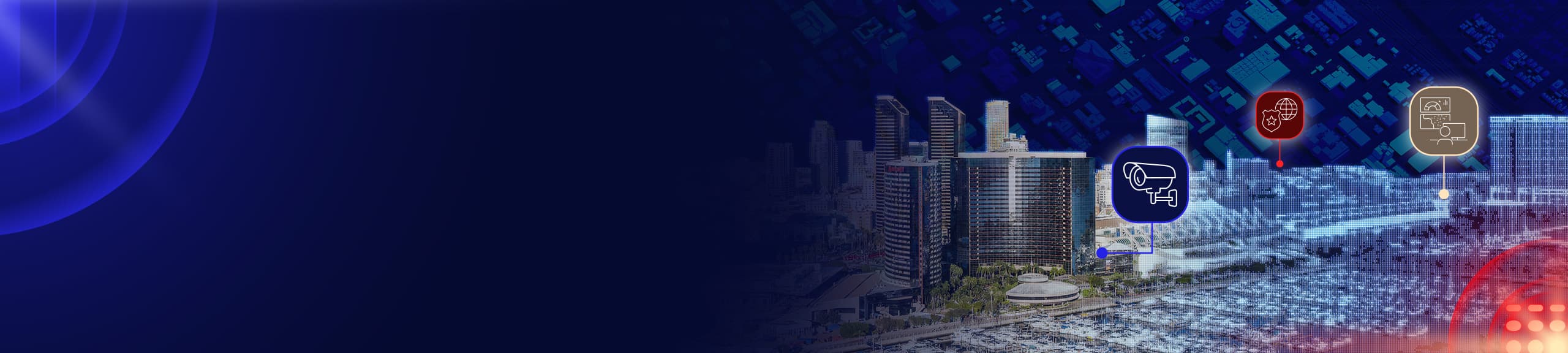 Cityscape with tall buildings overlaid with digital icons representing security cameras, global networks, and GIS technology