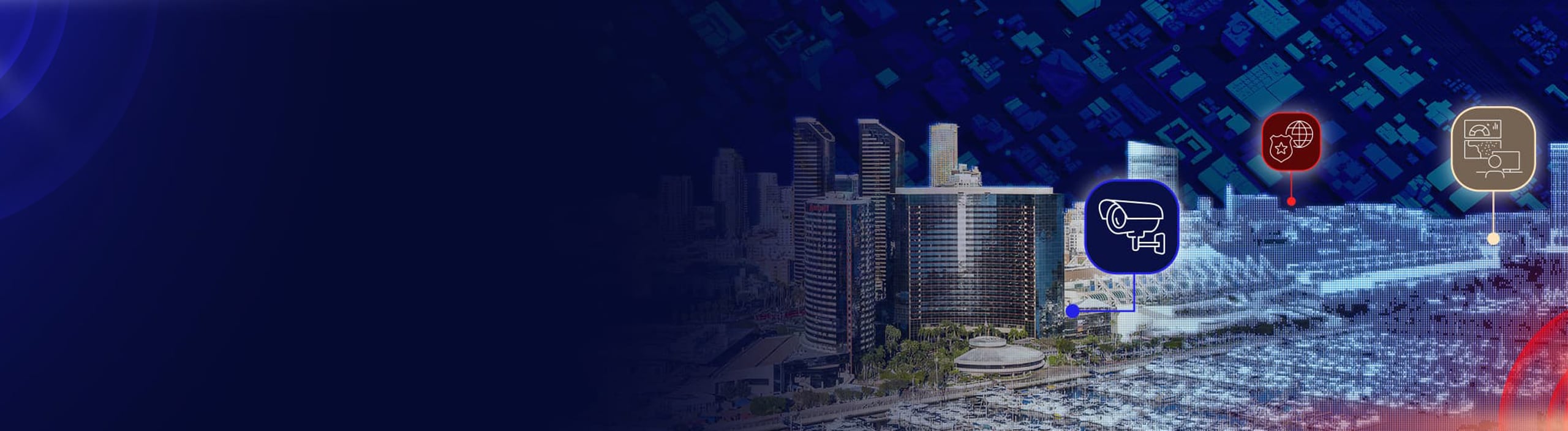 Model of a city with icons at locations for surveillance, communications, and security