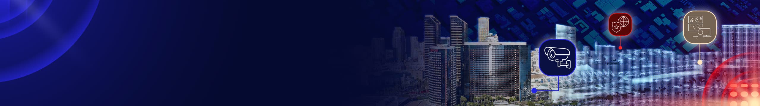 Detailed 3D city model, with icons depicting cameras, a globe and shield, and a person at a computer monitoring activity