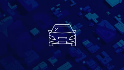 A simple line icon of the front view of a passenger vehicle in white lines on a dark blue background