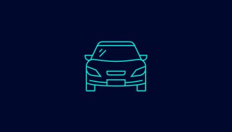 A simple line icon of the front view of a passenger vehicle in teal lines on a dark blue background