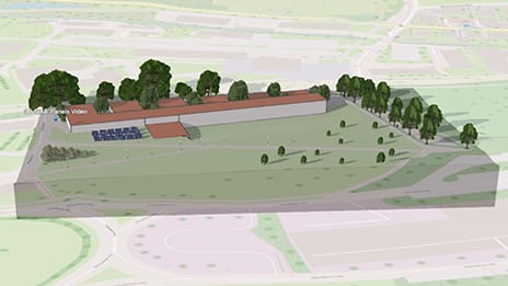 3D rendering showing a side view elevation with trees, and a long building with solar panels next to it