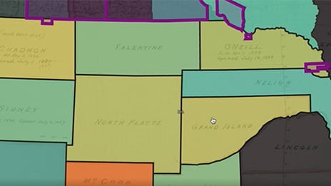 Simple map with different colored areas representing individual homestead claims
