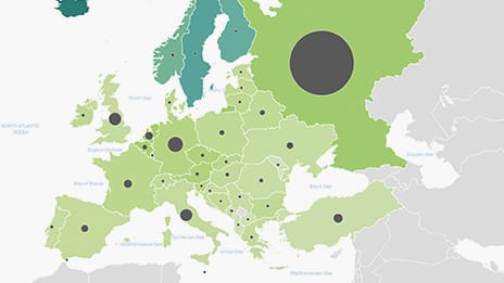 Outline map of Europe and Russia with a large black dot indicating gas demand