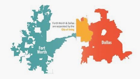 Outlines of the cities of Fort Worth, Irving, and Dallas, Texas in green, gold, and red 