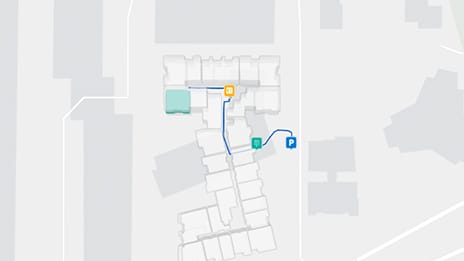 Outline map of an apartment complex with parking, entrance, and destination icons