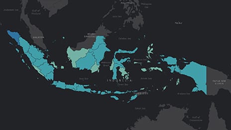 Black background with the islands of Indonesia in shades of blue