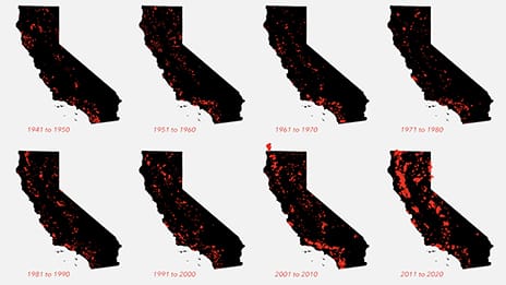 Images of the state of California separated by decade, with red data points indicating fires