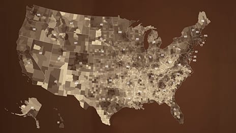 Map of the United States in shades of brown, representing the amount of spending on alcoholic beverages