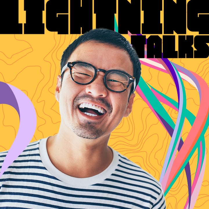 Excited person wearing glasses and a striped t-shirt grins broadly against a yellow background with the words Lightning Talk in black