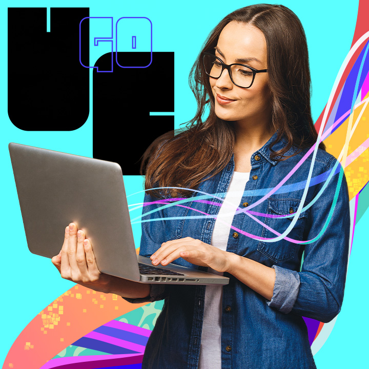 A person wearing glasses holding a laptop over a teal backdrop overlaid with colorful swirls, UC in bold font and GO in outlined font