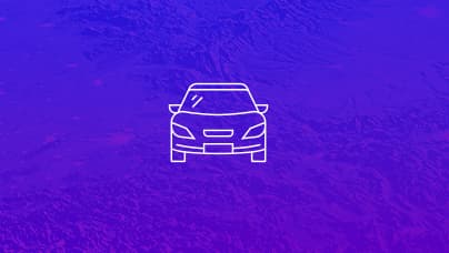 A simple line icon of the front view of a passenger vehicle in white lines on a purple background