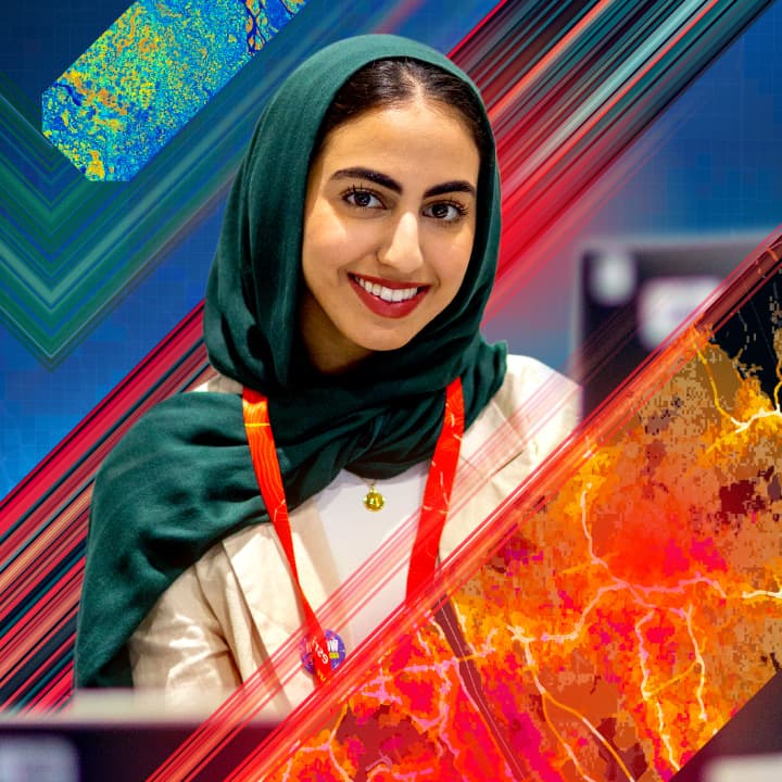 Smiling event attendee wearing red lipstick and a hunter green head scarf overlaid with colorful stylized mapping graphics and patterns
