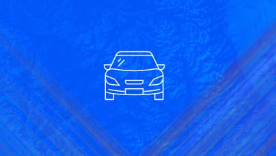 A simple line icon of the front view of a passenger vehicle in white lines on a blue background