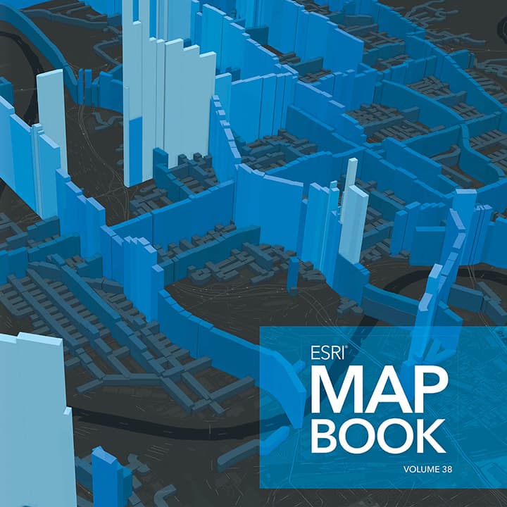 Cover of the Esri Map Book Volume 38 depicting a 3D map of a city with buildings shown in blue columns of varying height and shade