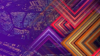 Vibrant warm toned interwoven diagonal lines over a purple background with overlays of mapping graphics
