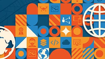 Assorted orange and blue squares with various patterns, shapes, and icons such as a drone, globe, award, and a computer monitor