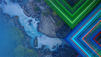 Green and blue diagonal lines forming two triangular shapes over an aerial image of a rocky tree-lined river with rapids