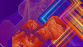 Vibrant warm toned multicolor background made of interwoven diagonal lines with overlays depicting hill shade and topographical map graphics