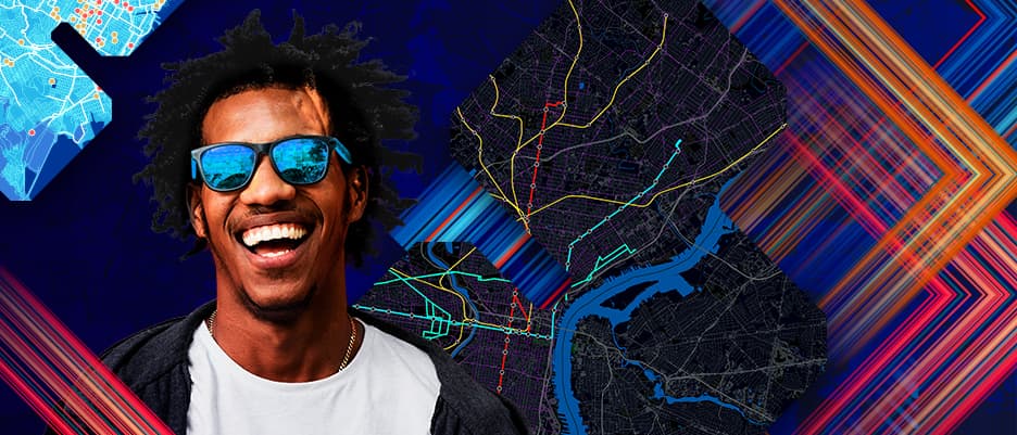 Laughing person wearing blue reflective sunglasses against a colorful backdrop of dark stylized city maps and interwoven diagonal lines