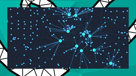 Dark map with bright blue nodes connected by lines representing a network or data points across a geographic area.