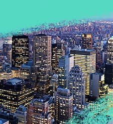 City skyline with tall buildings illuminated at dusk, partially covered by a teal textured overlay at the top and bottom.