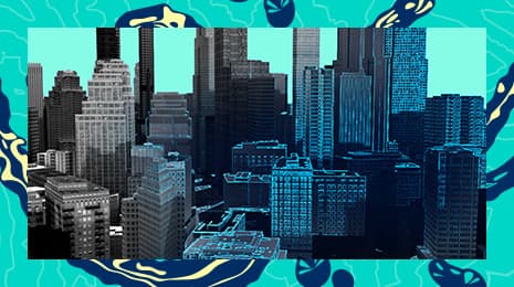 Stylized cityscape in shades of blue and gray surrounded by abstract teal and navy patterns resembling waves or contours.