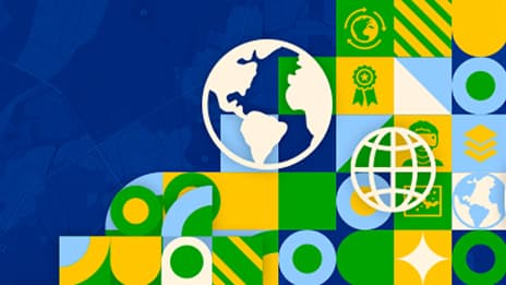 Colorful graphic featuring a globe icon and various geometric shapes in green, yellow, and blue, symbolizing global connectivity and technology.