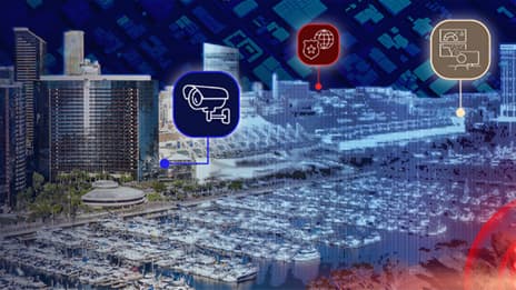 Cityscape with tall buildings overlaid with digital icons representing security cameras, global networks, and GIS technology.