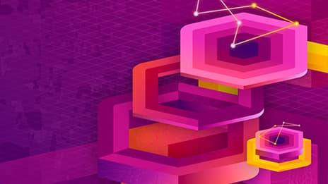 Abstract purple and pink 3D hexagonal shapes stacked in layers, with constellation-like lines connecting points above them.