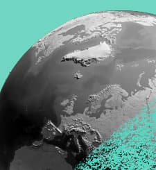 Black-and-white image of Earth showing continents and oceans partially overlaid with a teal textured design.