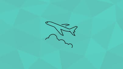 A simple line icon of the side view of an airplane over clouds in black lines on a teal background
