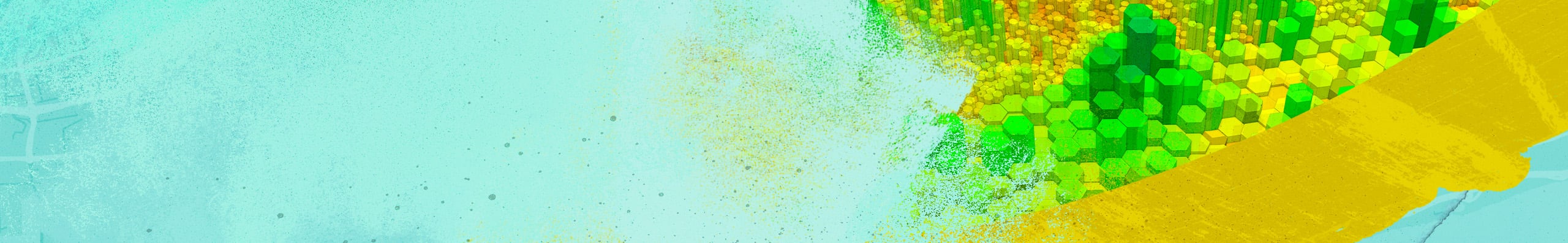 3D hexagonal map along a coastline with green and yellow columns showing varying data density